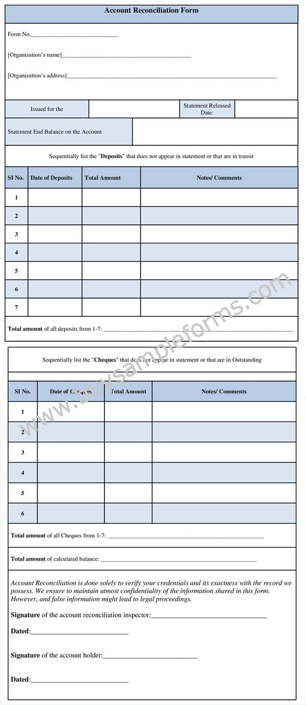 Account Reconciliation Form Template, Sample Account Form