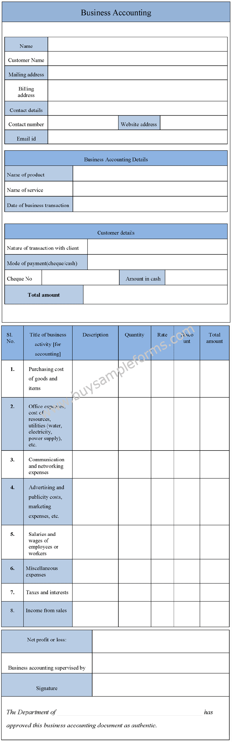 Sample Business Accounting Form, Accounting Template