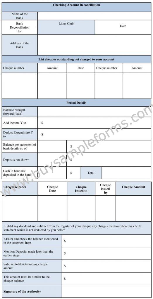 Printable Checking Account Reconciliation Form Template