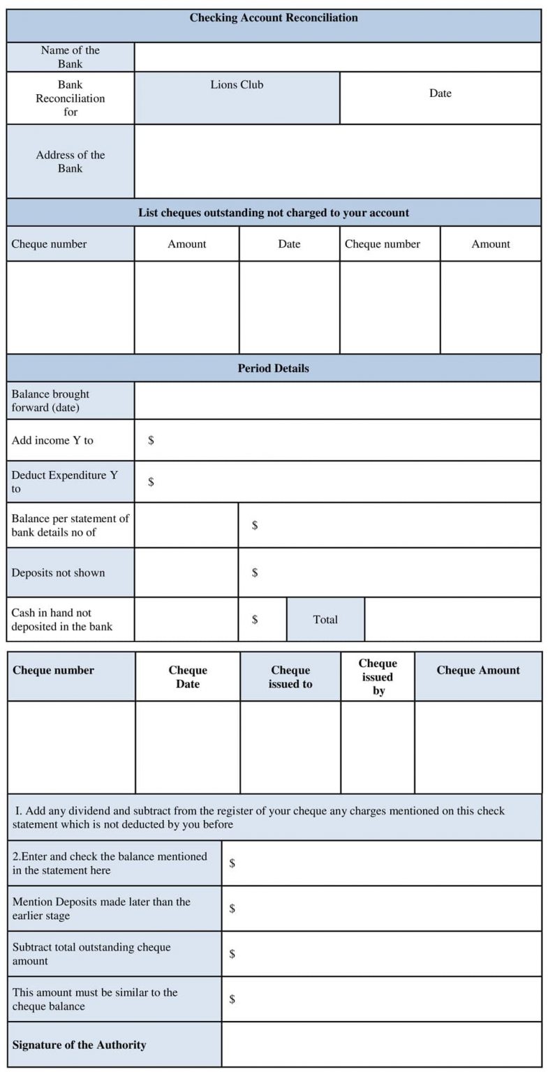 Printable Checking Account Reconciliation Form Template