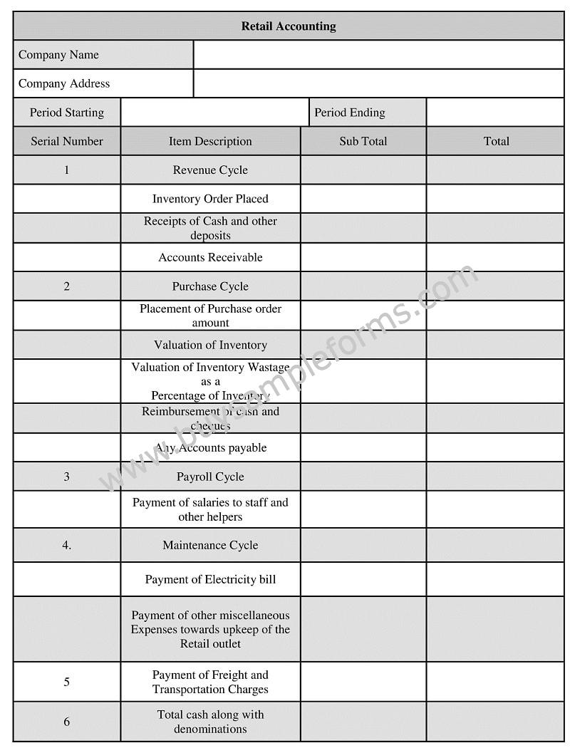 Retail accounting form format, retail store Accounting Template Word