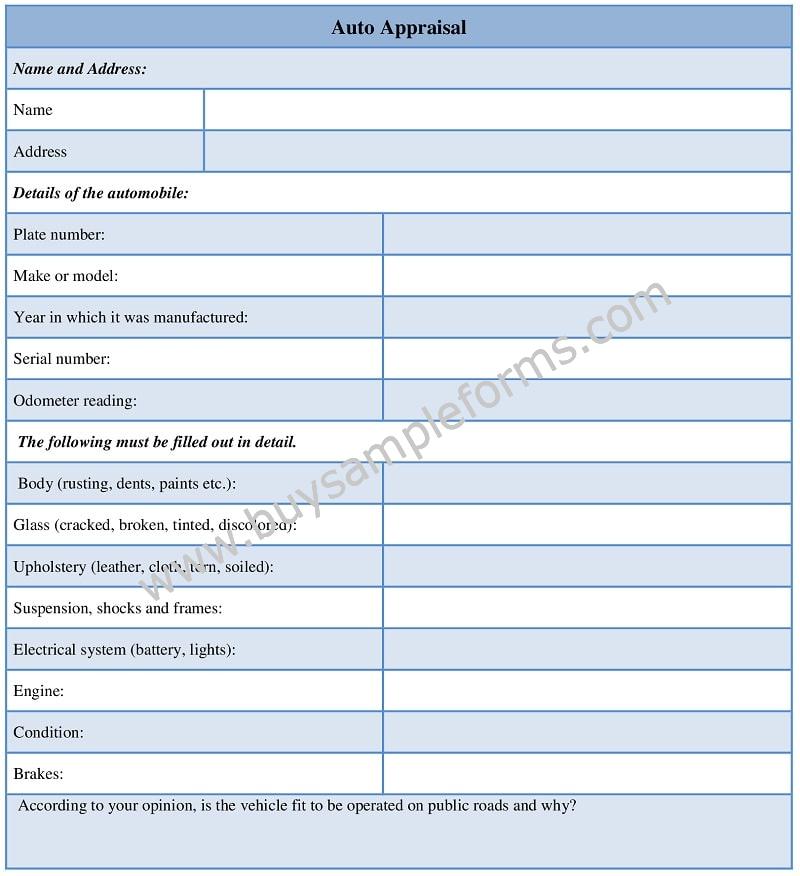sample auto appraisal form, Printable Car Appraisal Word Template