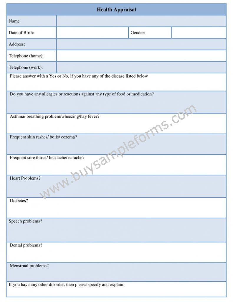 Health Appraisal Form, Printable Medical Forms template word Doc