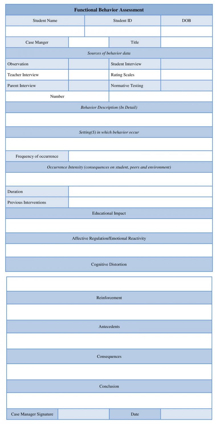 Functional Behavior Assessment Form Example, FBA Word Template