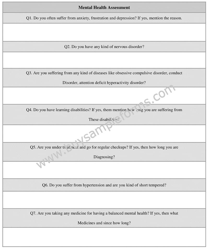Mental Health Assessment Form Example, Template Online Word