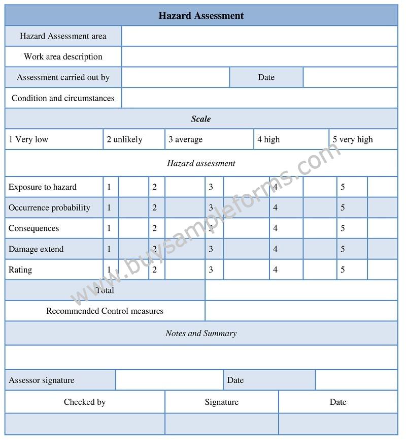 Hazard Assessment Form, Hazard assessment example, template