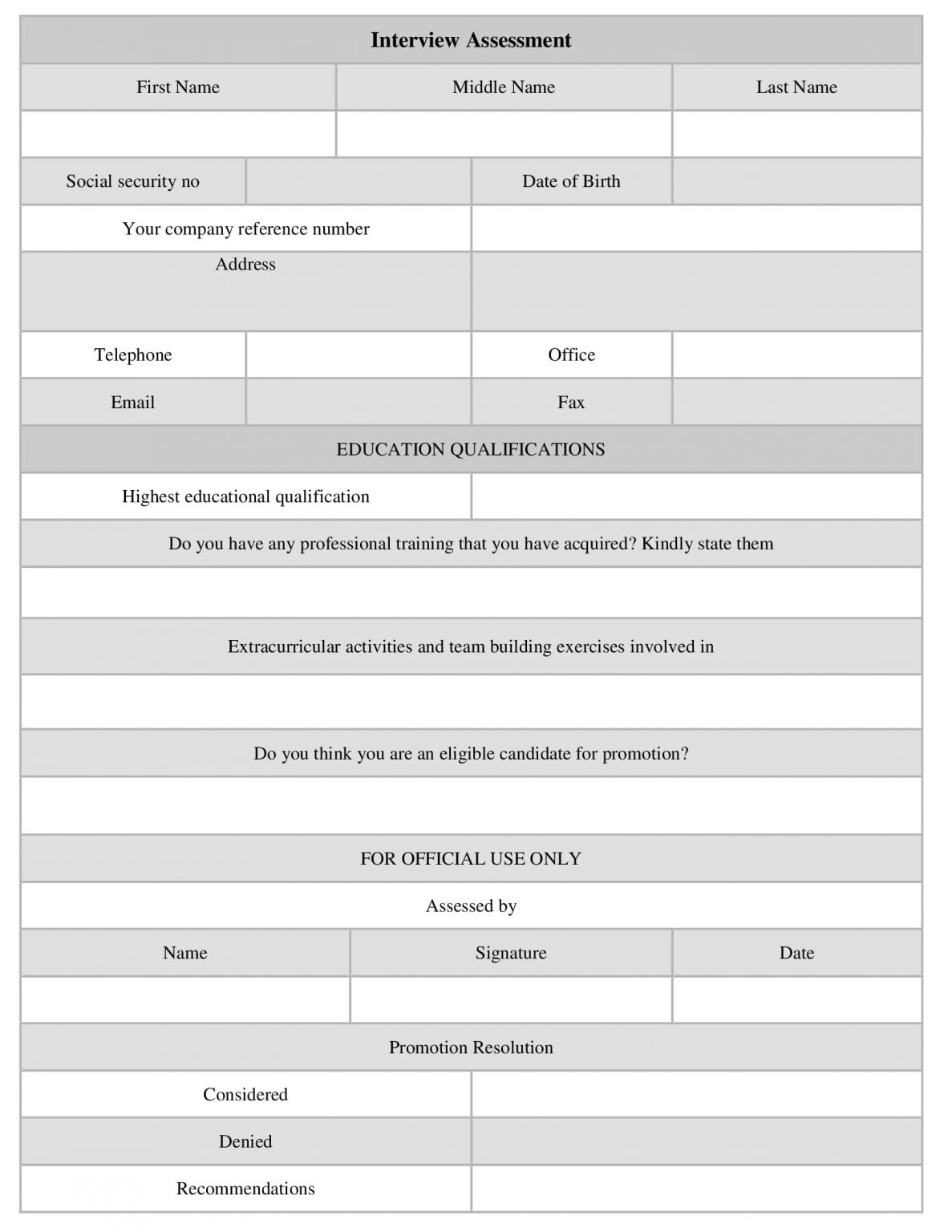Interview Assessment Form Sample, Template Word Document