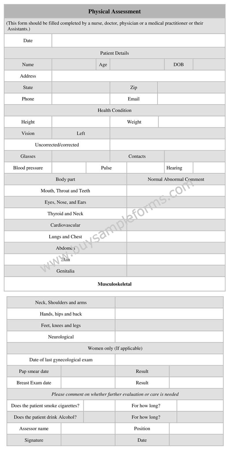 Printable Physical Assessment Form Word Template, Example