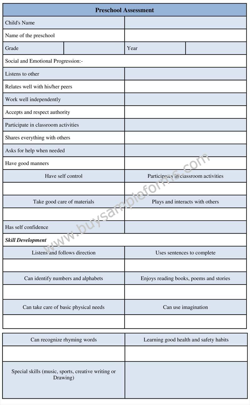 Printable Preschool Assessment Form Sample, Assessment Template