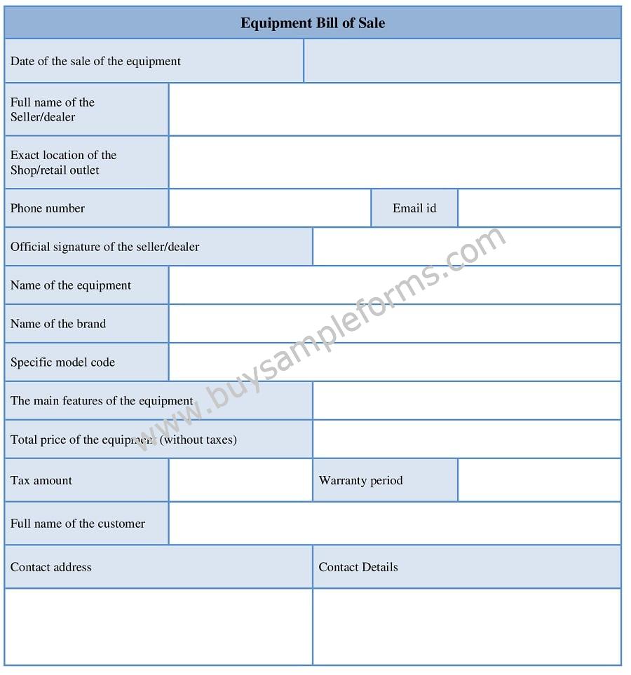 Printable Equipment Bill of Sale Form, Bill Of Sale Form Word Template