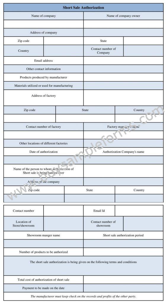 Short Sale Authorization Form Sample Word Template