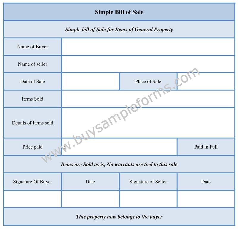 Simple Bill of Sale Form Word Template, Bill of Sale Example