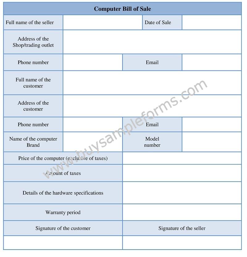 Computer Bill of Sale Form, Bill of Sale Word Template