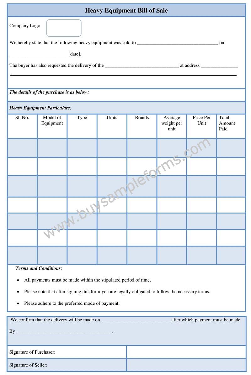 Heavy Equipment Bill of Sale Form Template, Printable Word Doc Form