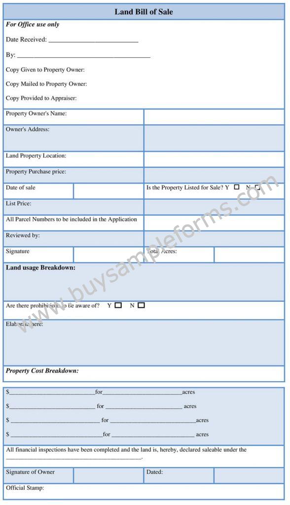 Printable Land Bill Of Sale Form Word Template