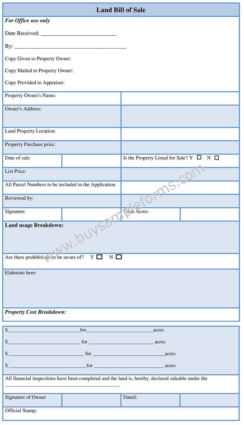 Land Bill Of Sale Form, Real Estate Bill of Sale Template