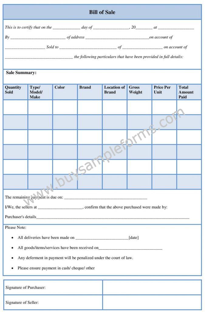 Sample Bill of Sale Form, Bill of Sale Word Template