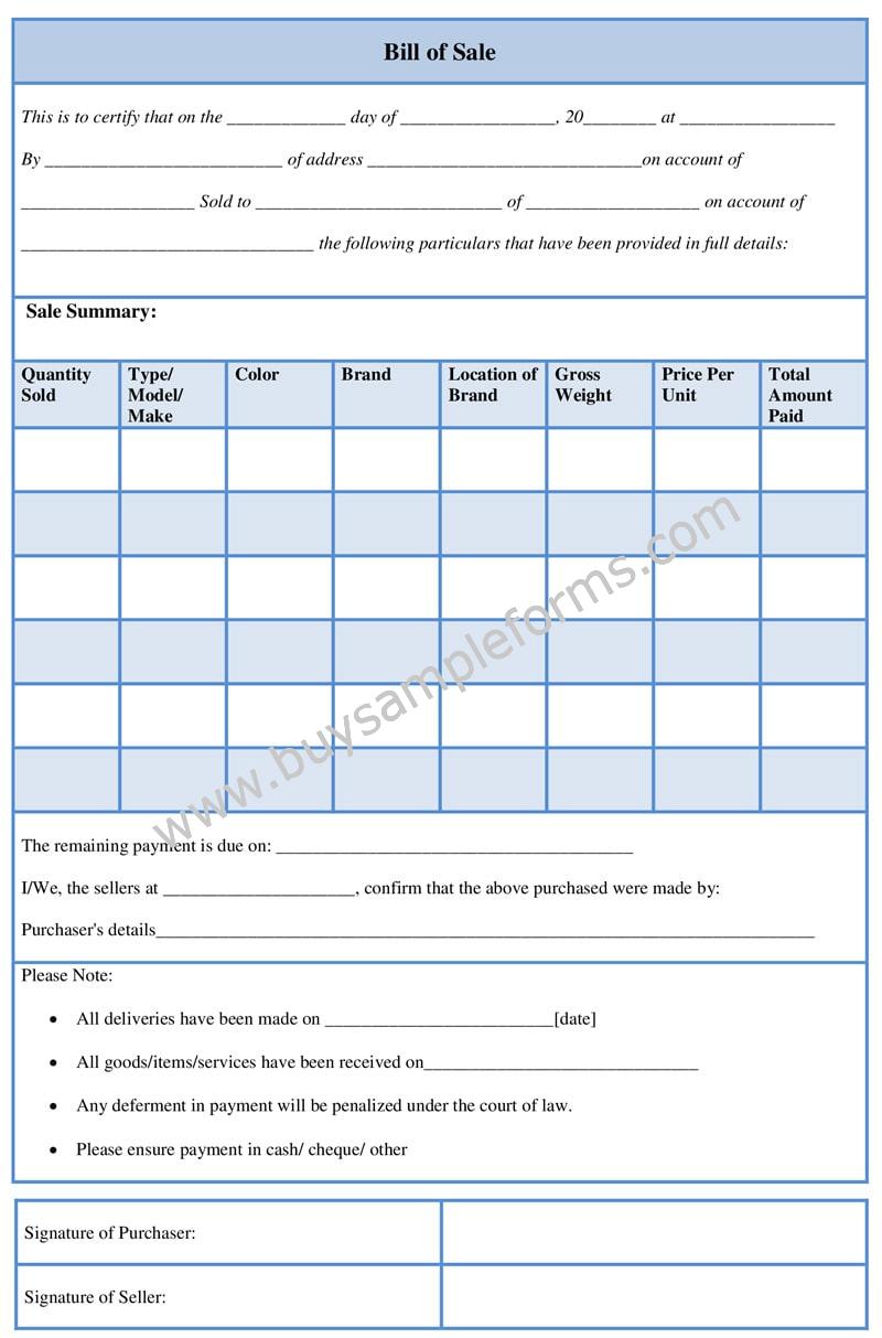 Sample Bill of Sale Form | Bill of Sale Word Template