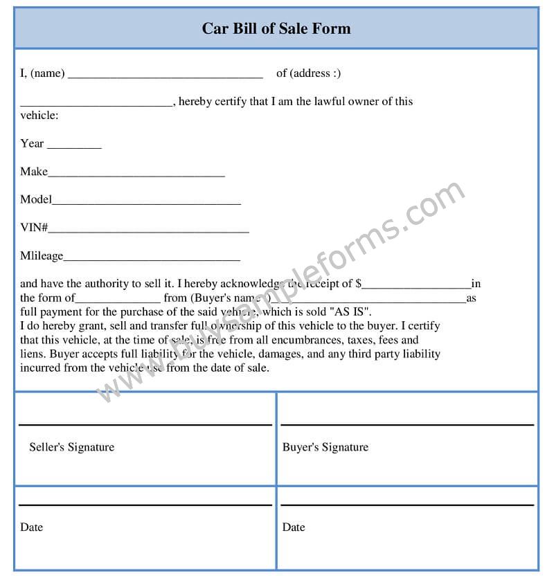 Car Bill of Sale Form, Vehicle bill of sale template Word