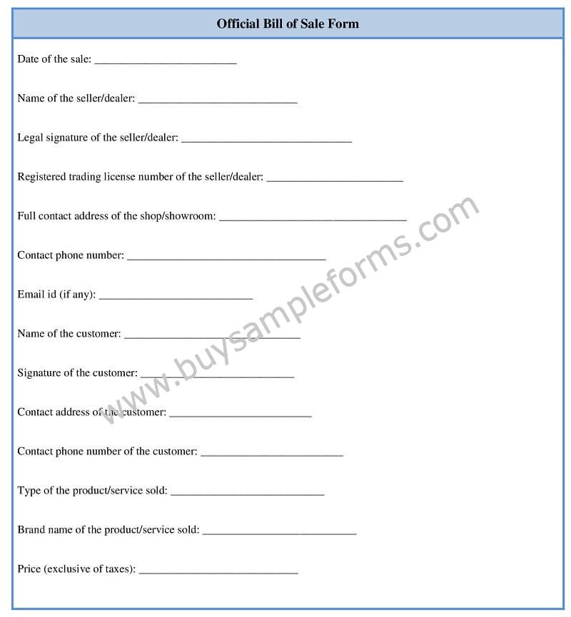 Sample Official Bill of Sale Form Word Template