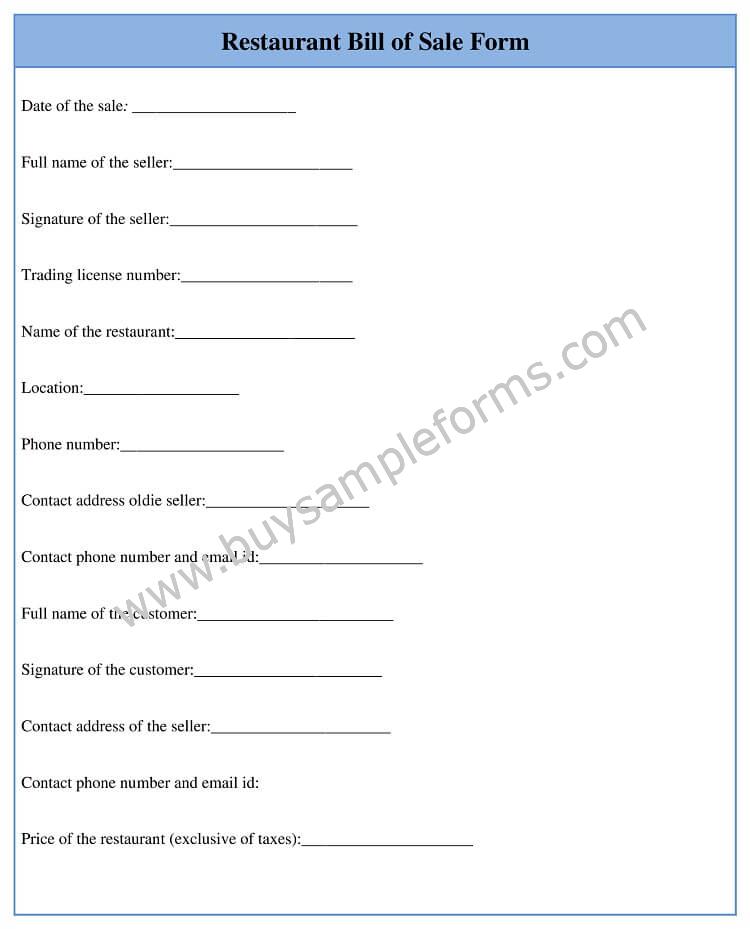 Restaurant Bill of Sale Template, Bill of Sale Form Sample, Example