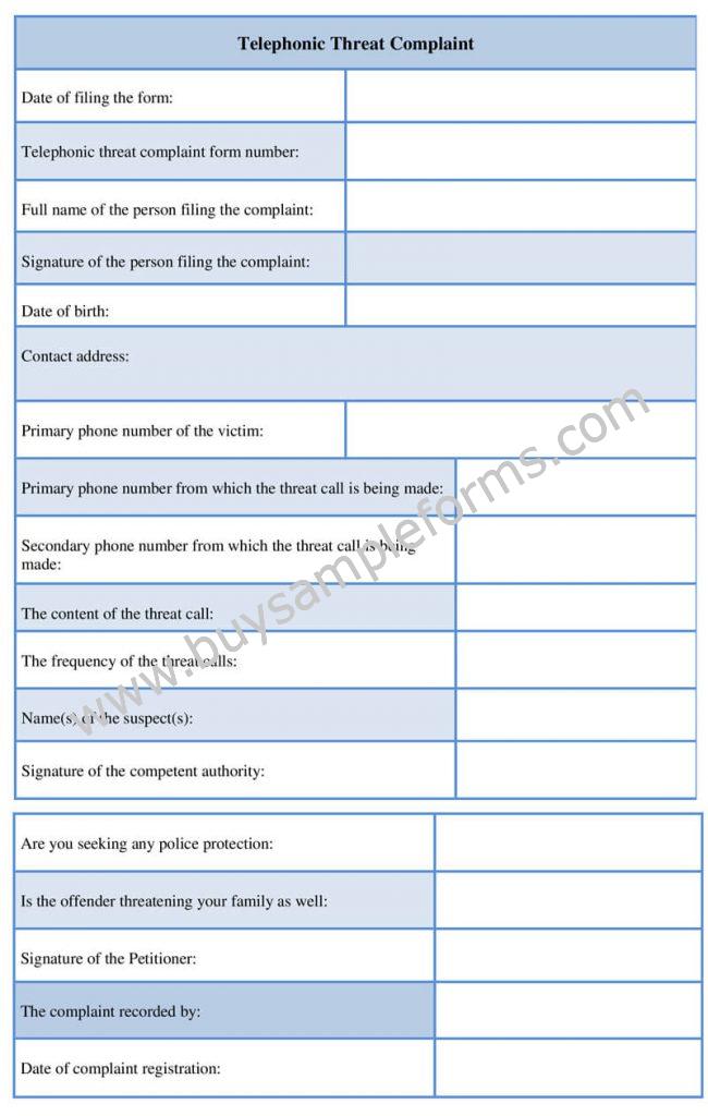 Sample Telephonic Threat Complaint Form Template