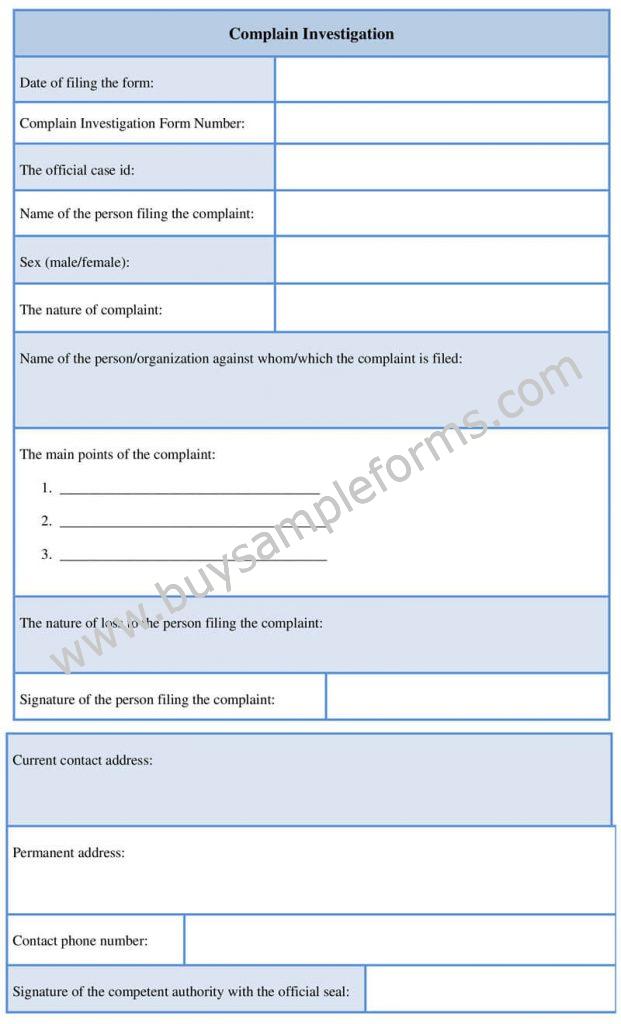 Sample Complaint Investigation Form Template