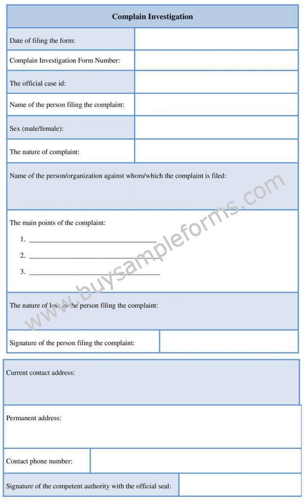 Sample Complaint Investigation Form Template Word Doc