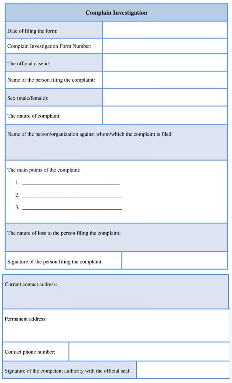 Sample Complaint Investigation Form Template Word Doc