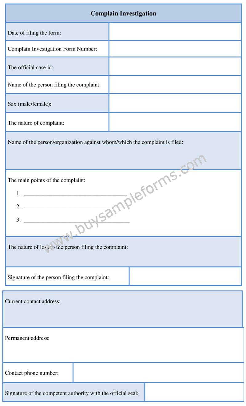 Sample Complaint Investigation Form Template