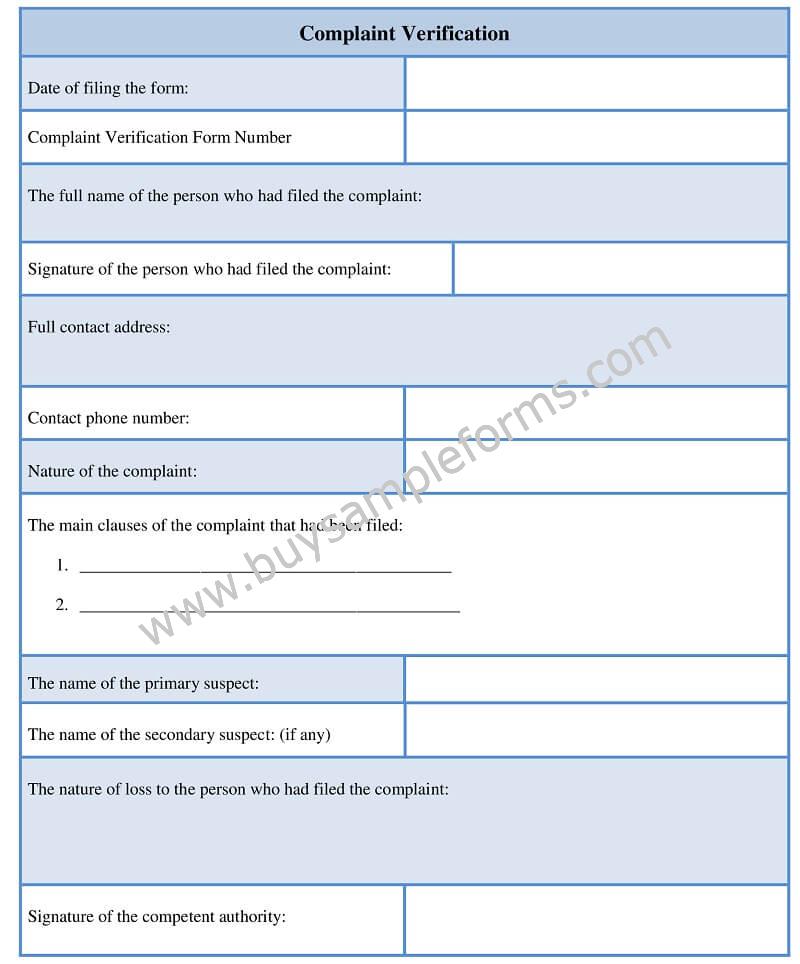 Sample Complaint Verification Form Word Template