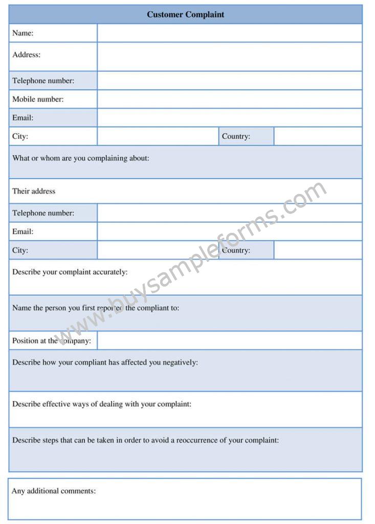 Sample Customer Complaint Form Template Online