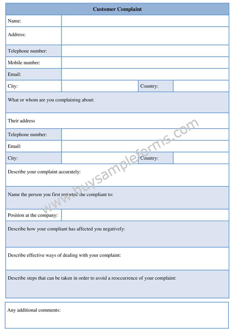 Sample Customer Complaint Form Template Online
