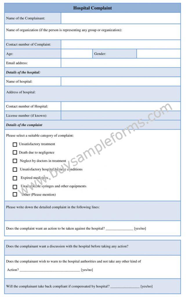 Hospital complaint form template, Sample Medical Complaint Format