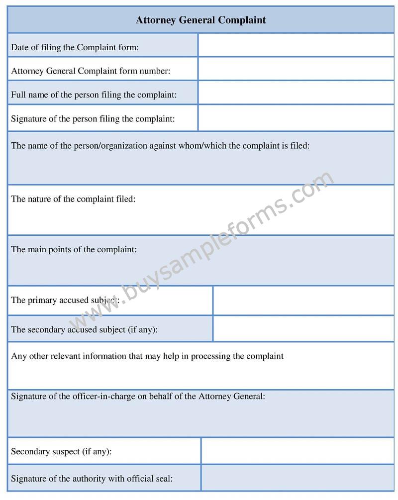 Sample Attorney General Complaint Form template