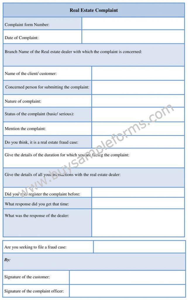 Real Estate Complaint Form Template Word Format
