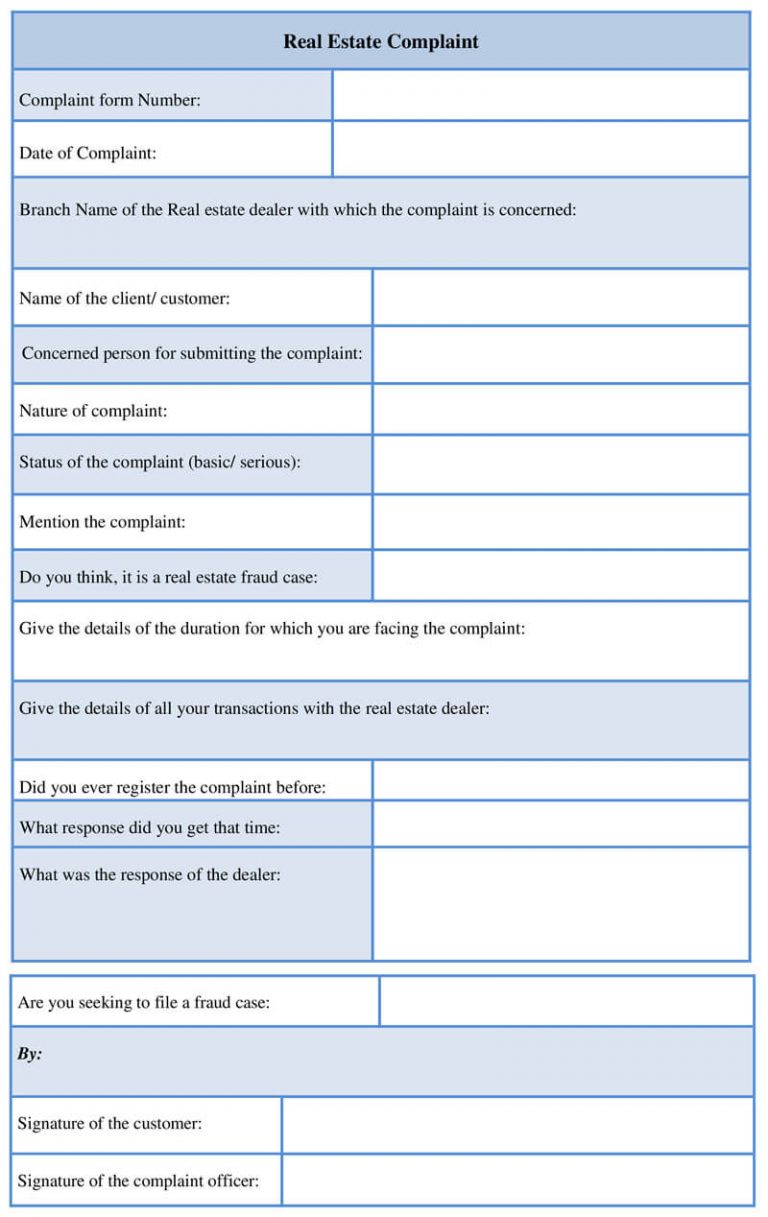 Printable Real Estate Complaint Form Template in Word Format