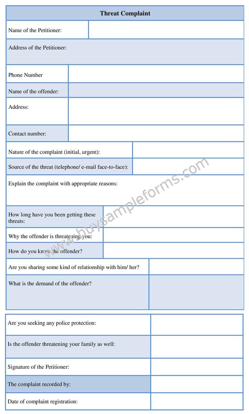 Printable Threat Complaint Form Template Word Format Printable threat complaint form template word format