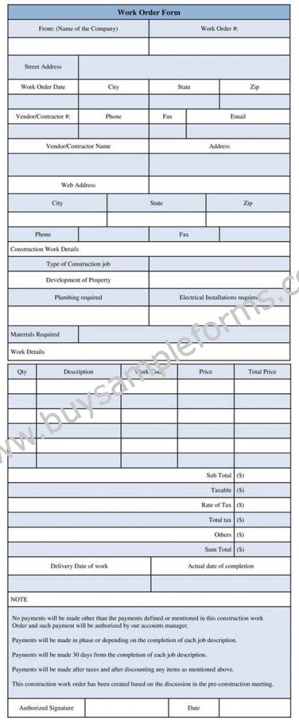 Printable Construction Work Order Form Template | Format Doc