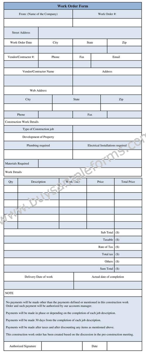Printable Construction Work Order Form Template | Format Doc