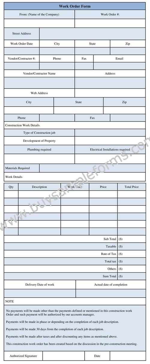 Construction Work Order Form Template