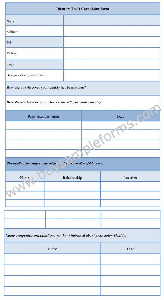 Sample Identity Theft Complaint Form Template