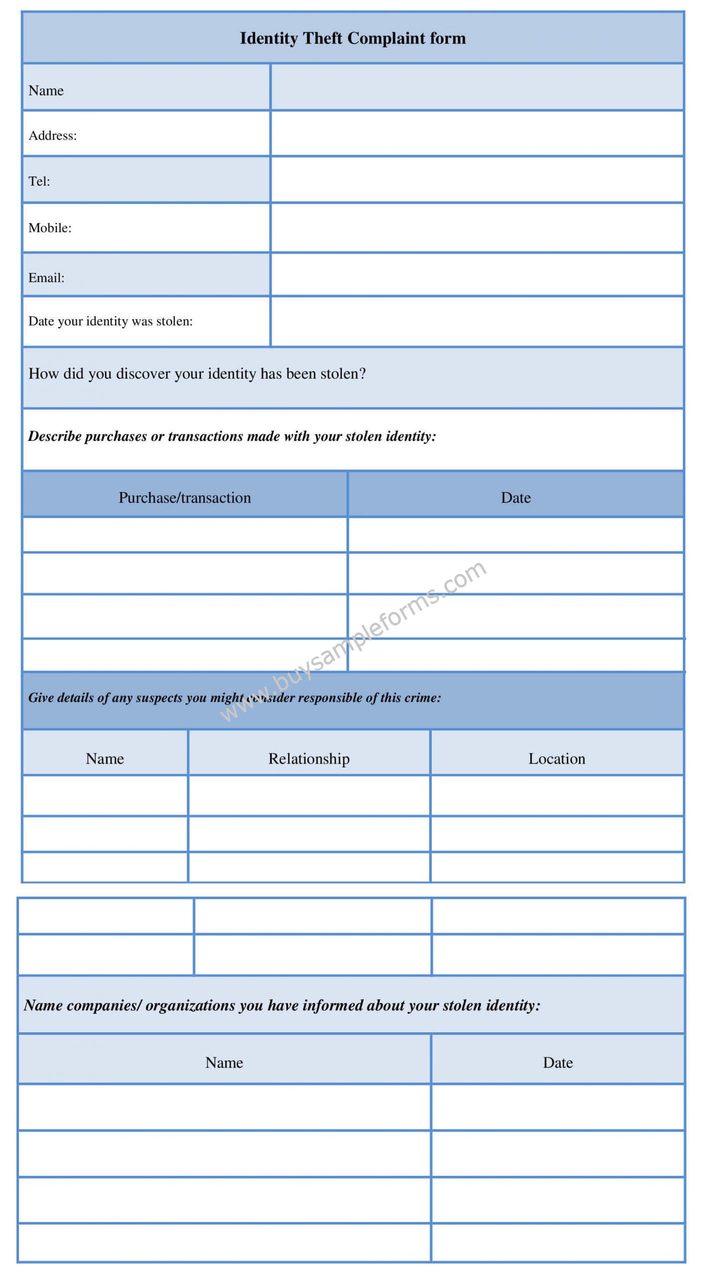 Printable Identity Theft Complaint Form Template Sample