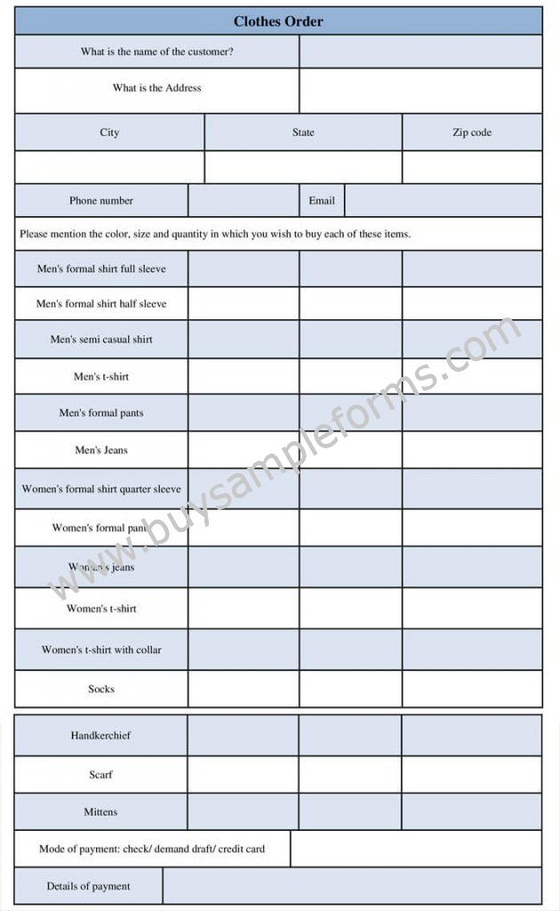 Online Clothing Order Form Template, Sample, Example, Format