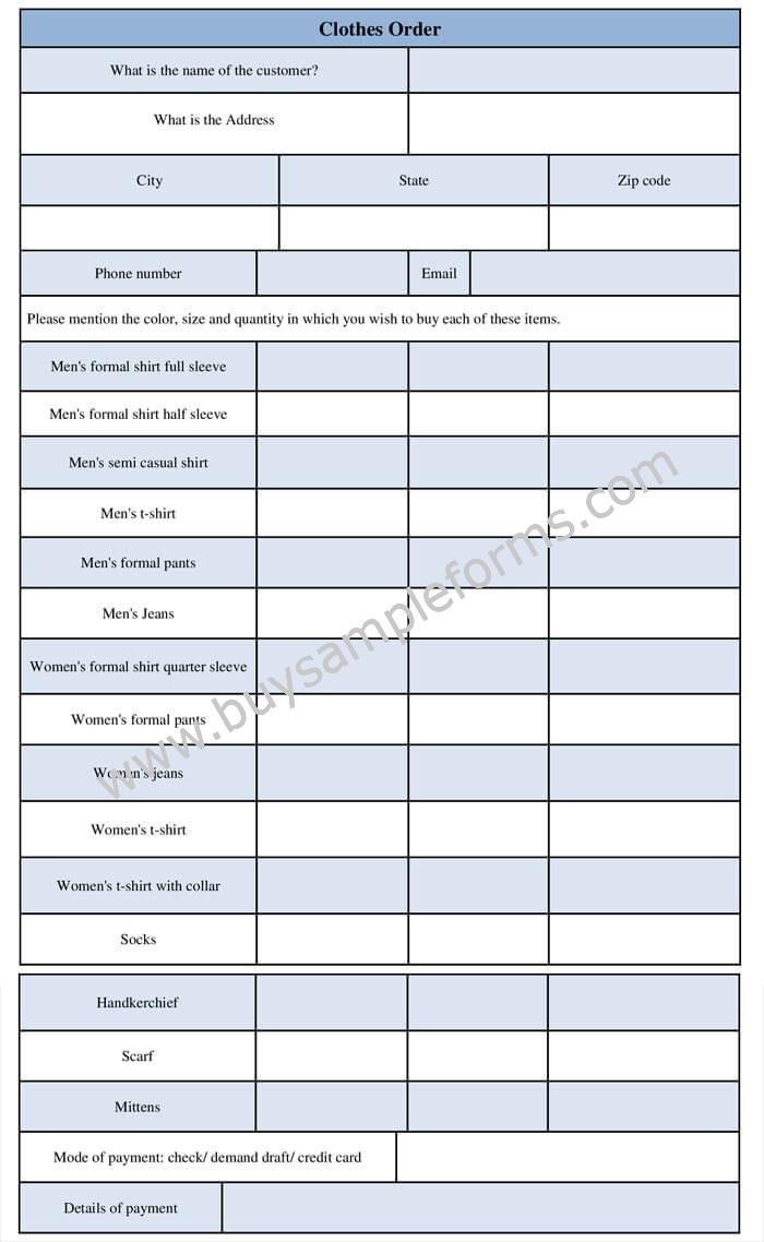 Online Clothing Order Form Template Sample, Word Format