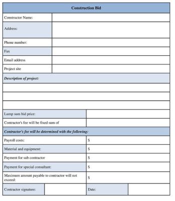 Printable Construction Bid Form Template | Contractor Forms