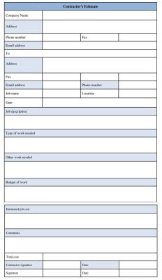 Printable Contractor Estimate Form Template Word - Construction