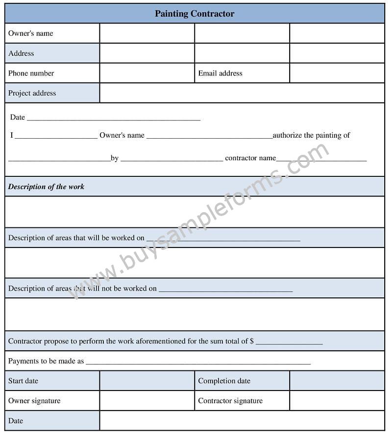 painting contract template Contractor Form