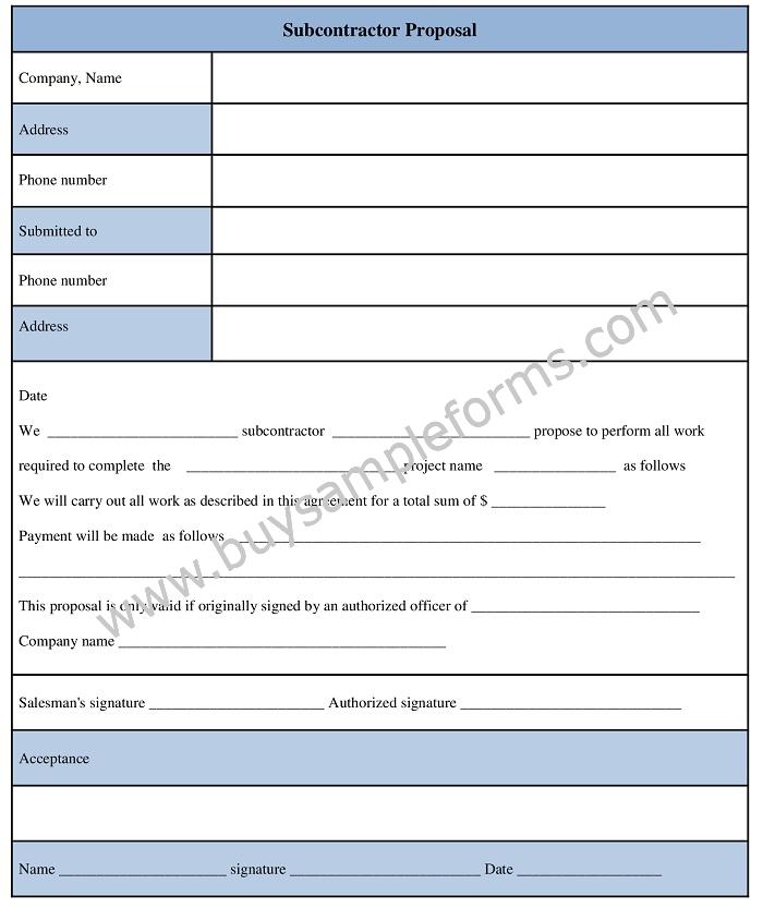 Subcontractor Proposal Template Sample Form
