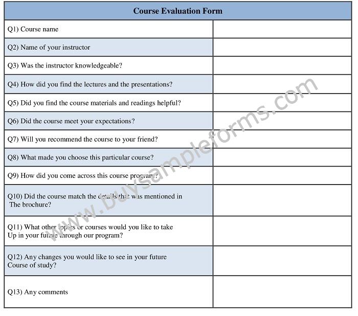 Printable Course Evaluation Form Template, Example